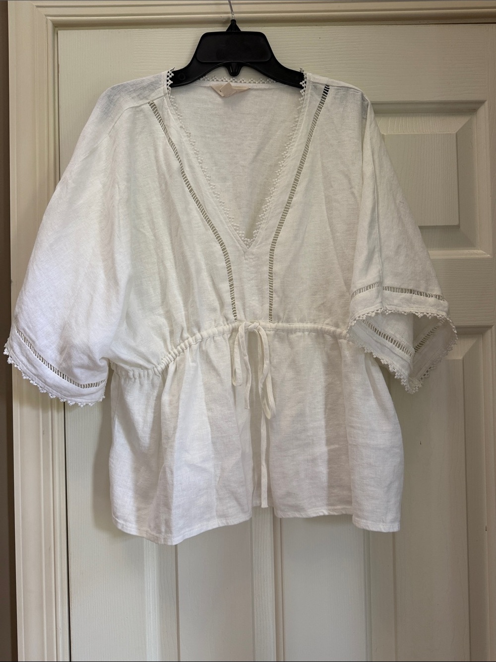 White Linen Drawstring V-Neck Top